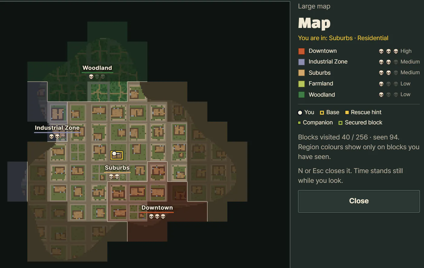 The game's full map window. The blocks seen so far show in region colours: Woodland at the top, Industrial Zone on the left, Suburbs in the middle, Downtown below, each labelled with its name and danger skulls. Your position dot sits on the base marker.